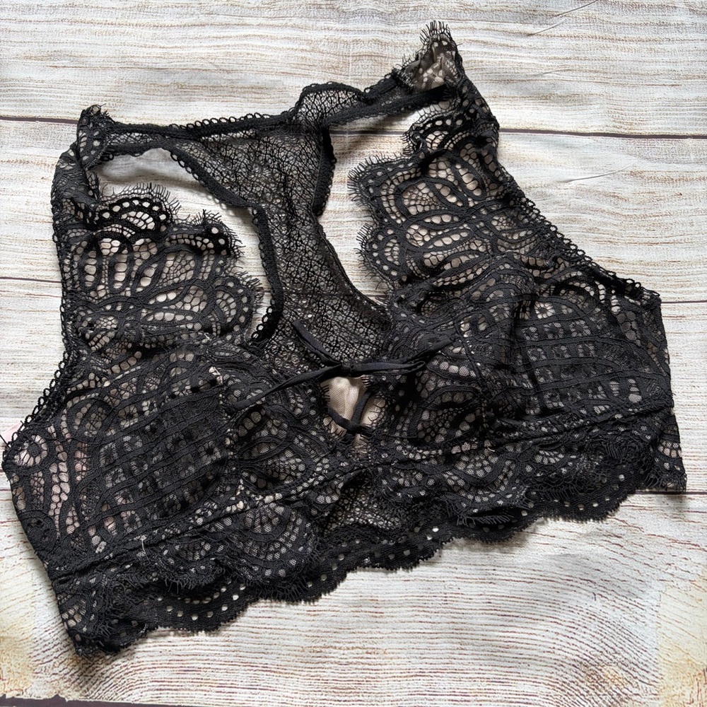 Victoria’s Secret Scalloped Lace Racerback Bralette NWT Women’s Medium Black Tan - Picture 2 of 5